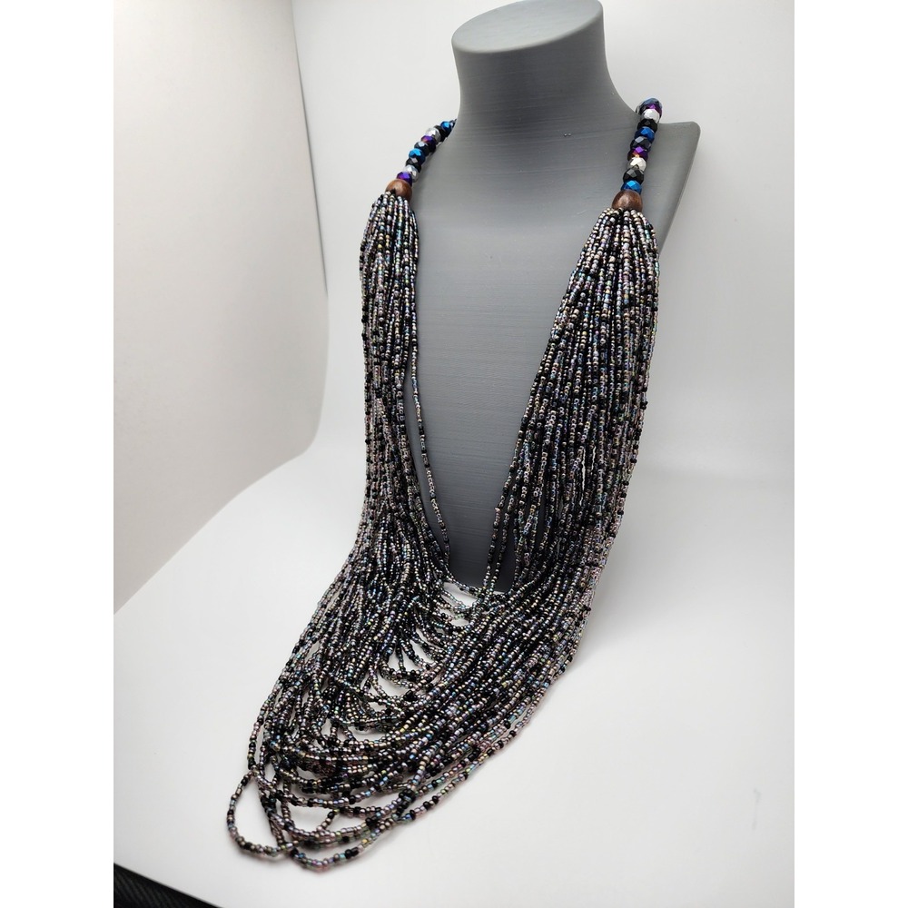 Vtg Joan Rivers Seed Bead Multi Strand Faceted Blue Black Statement Necklace